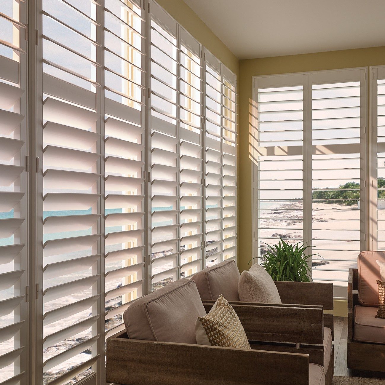 polyresin white interior shutters over tall windows