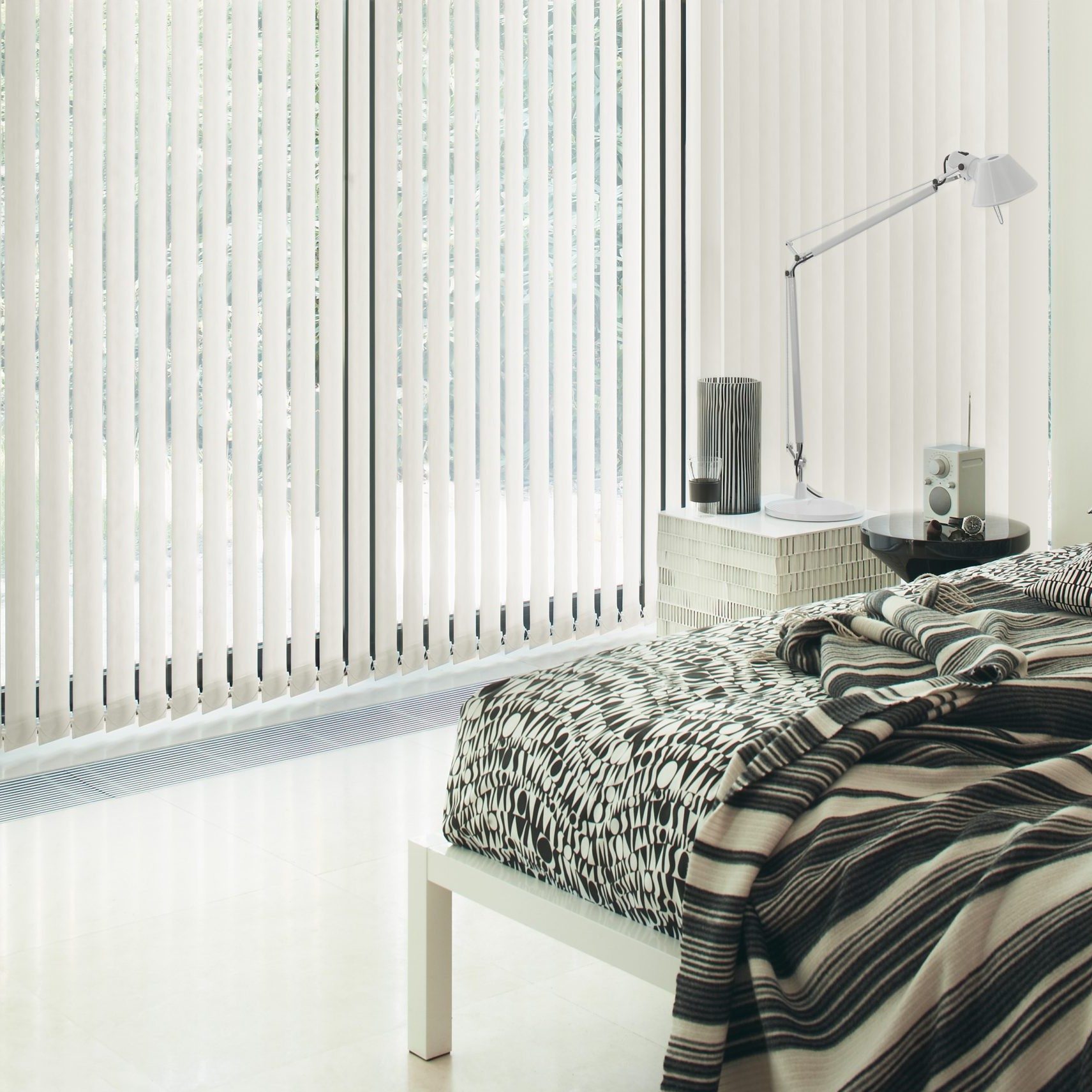 vertical blinds in a bedroom